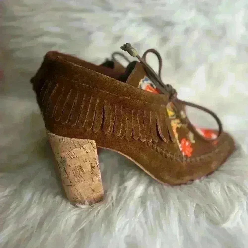 Tory Burch Huntington Beaded Embroidered Suede Fringe Booties size 5 heels shoes